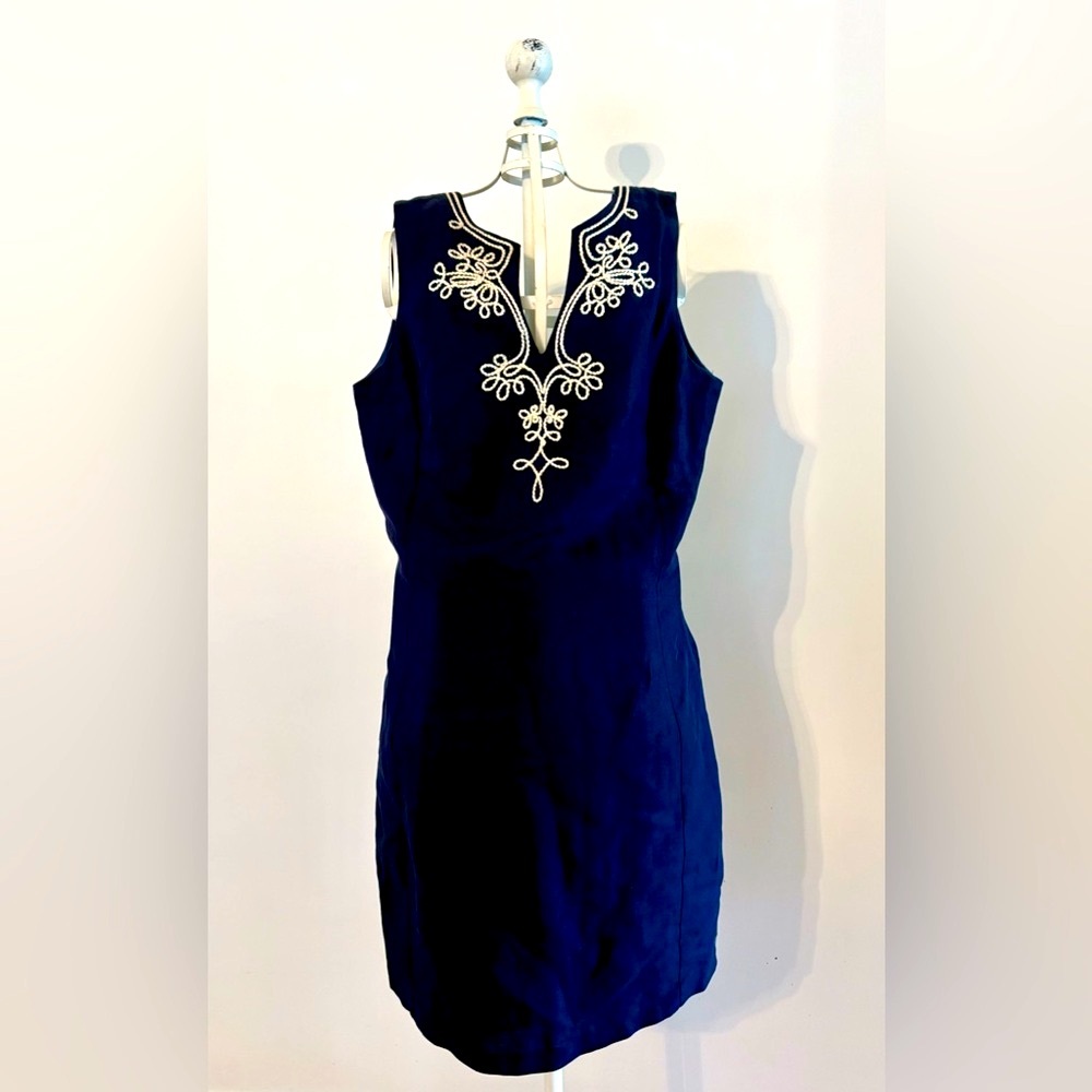 Navy Sleeveless Dress with White Embroidery